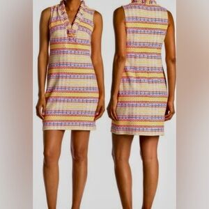 Vince Camuto Ruffle Neck Spring Aztec Design Print Shift Dress Womans Size 10